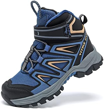 JMFCHI Kids Hiking Boots Boys Girls Outdoor Walking Climbing Sneaker Comfortable Non-slip Snow Shoes Hiker Boot Antiskid Steel Buckle Sole 3.5 Big Kid Blue Yellow