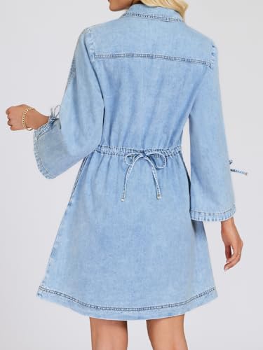 Image of Womens Denim Shirt Dress Collared V Neck Bell Long Sleeve Mini Casual A-line Jean Dresses with Bow
