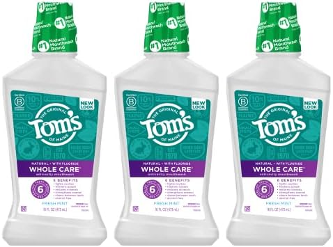 Tom's of Maine Whole Care Natural Fluoride Mouthwash, Fresh Mint, 16 oz. 3-Pack (Packaging May Vary)