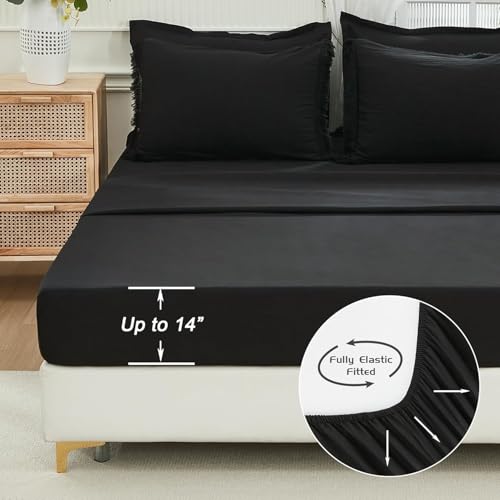 Image of Andency Oversized King Comforter Set with Sheets 120x120 Black - 7 Pieces Boho Tassel Bed in a Bag Soft Lightweight Bedding Sets, Fringe Bed Set with Comforter, Sheets, Pillowcases & Shams