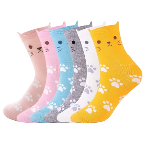 Ximimark 6 Pairs of Womens Cozy Cat Lover Socks - Fashionable Knitted Crew Socks with Adorable Cartoon Cat Pattern - Lightweight, Breathable, and Ultra-Soft for All-Day Comfort
