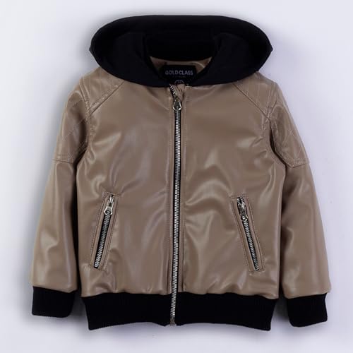 Image of Gold Class Kidswear Boys Leather Jacket with Hoodie, Faux Leather Jacket for Kids, Zipper Closure Boys Leather Jacket