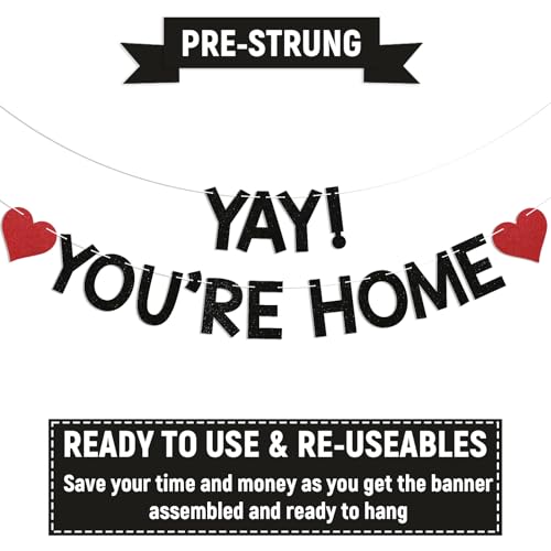 Image of Yay! You're Home! Banner - Welcome Back to Home Sign, Family Reunion Party Bunting Sign, Welcome Home Party Decorations Black Glitter