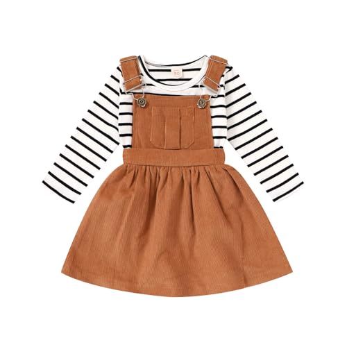 Image of Toddler Baby Girl Fall Outfit Long Sleeve Stripe T-Shirt and Strap Dress Overall with One Pocket Clothes Sets