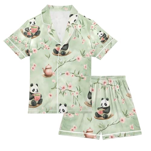 senya Panda Drinking Tea Satin Summer Pajama Sets Silk Short Sleeve Button Down Sleepwear