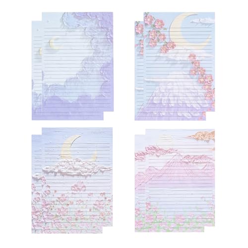 IMagicoo 60 Lined Writing Stationery Paper, Beautiful Moon & Flower Designs for Writing Letter, Notes, Invitations, Craft, 4 Different Style (9.6 x 6.9)