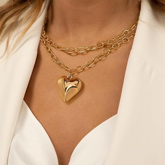Double Layer Chunky Heart Necklace Gold Heart Statement Necklace Pendant Puffy Sliver Hearts Choker Necklace Long Gold Necklaces for Women Chunky Jewelry - Image 4