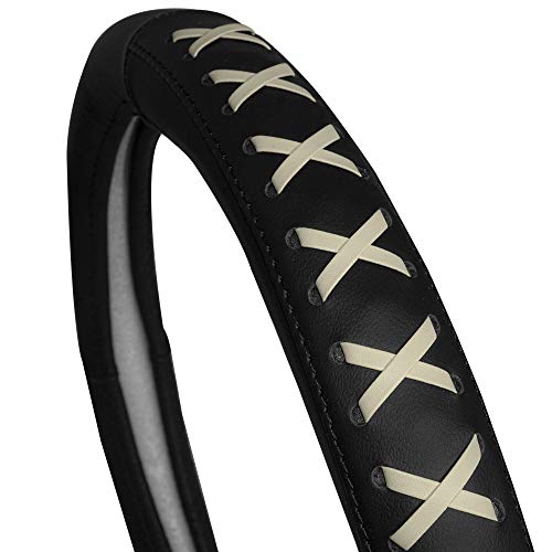 Image of FH Group Universal Fit 15 Inch Genuine Leather with Lace-Up Detailing Steering Wheel Cover fits Most Cars, SUVs Beige