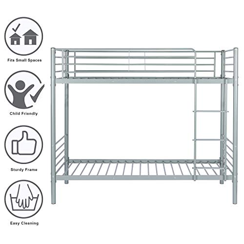 Bonnlo Metal Bunk Bed Twin Over Twin With High Guard Rail And Non-Slip Flat Step, Twin Bunk Beds For Kids/Teens/Adults, Heavy Duty Bunk Beds Gray #TOP5