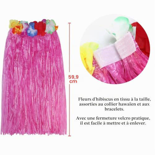 PHOGARY Lot de 8 jupes Hula pour fête hawaïenne Luau – Haut de bikini à fleurs, Lei hawaïen, pince à cheveux hibiscus, lunettes de soleil ananas pour femme (rose) – vue 5