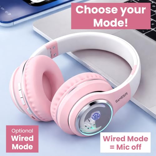 Image of GameSir Astro Junior Wireless Headphones with 40mm Drivers, Deep Bass Stereo Sound, Bluetooth 5.3, Over-Ear Noise Isolation Headset with LED Light, Built-in Mic for PC, Mobile & Laptop (Pink)