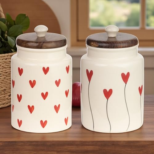 Image of Airtight Ceramic Jars (Pack of 2) - 1000ml Each - Wooden Lid - Kitchen Containers for Sugar, Tea, Salt, Pickles, Pulses & More (Red Lines & Red Heart)