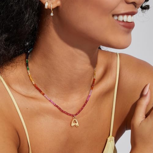 KissYan Beaded Initial Necklace for Women, 14K Gold Plated Bubble Letter Pendant Rainbow Gemstone Choker Colorful Summer Beach Jewelry2
