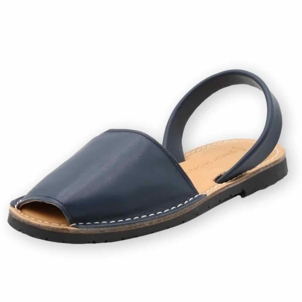 Classic Avarcas Women Sandals - Menorquinas Shoes Made with Soft Leather - Menorca, Menorcan, Abarcas, Norkinas Flat Sandals for Women - Navy Blue, Navy Blue, 7 Narrow
