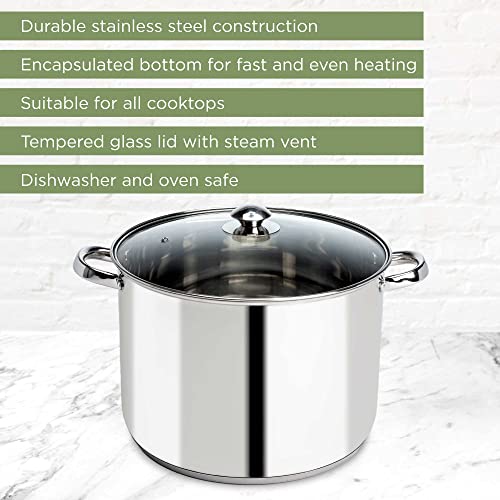 Ecolution Stainless Steel Stock Pot With Encapsulated Bottom Matching Tempered Glass Steam Vented Lids, Made Without Pfoa, Dishwasher Safe, 16-Quart, Silver #TOP1