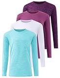 Ullnoy 4-Pack Girls Long Sleeve Shirts Dry Fit Soft Breathable Athletic Crew Neck Tops for Kids Teens, Workout Training Activewea D Purple/Purple/White/Cyan S