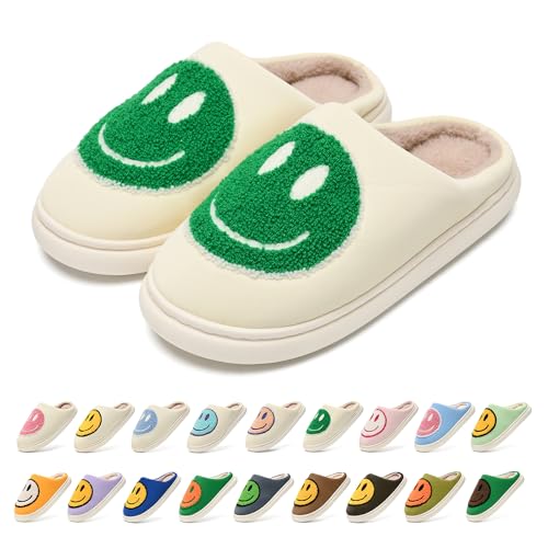 MOLATIN Cute smiling face Slippers for Women and Men，Women's Men's Retro Preppy Happy Face Slippers,Plush Slip-On Warm House Slipper for Winter,Non-slip PU Flat Slides