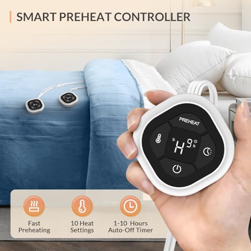 Image of HOMLYNS LuxeHeat Heated Blanket Electric Blanket Queen Size, Soft Flannel Sherpa Heating Blanket with 10 Heat Settings, 1-10 hrs Timer Auto Shut Off (84x90 inches, Blue), Only for 120V Voltage Use