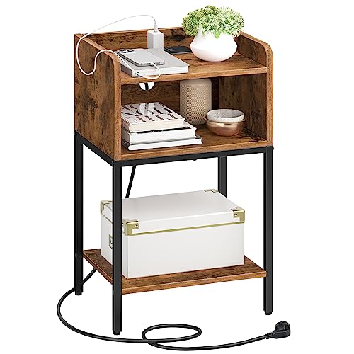 HOOBRO Nachttisch, Beistelltisch mit Ladestation, Nachtschrank mit 2 AC-Anschlüssen, 2 USB-Anschlüssen, für Schlafzimmer, Wohnzimmer, Vintagebraun...