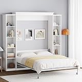 Rophefx Queen Murphy Bed Cabinet with 5-Tier Adjustable Storage Shelves, Wood Queen Wall Bed Cabinet Bed, Space Saving Beds, Hidden Bedframe, Foldable Platform Beds for Guest Room, Bedroom, White