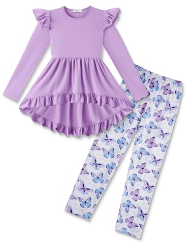 Image of Arshiner Toddler Girl Clothes Ruffle Trim Long Sleeve Pullover Top and Floral Print Leggings Fall Outfits Kids Clothing Sets