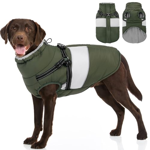 Image of Dog Jacket, Large Dog Coat with Harness Built in, Warm Pet Winter Jacket Zippered Snow Coat with Furry Collar, Waterproof Fleece Snowsuit for French Bulldog, Army Green L