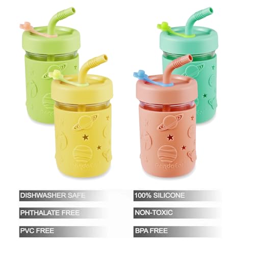 PandaEar Set da 4 Bicchieri Mason Jar in Vetro da 250 ml per Bambini e Neonati - Con Custodie e Cannucce in Silicone, Anti-sbavature per Smoothie - immagine 6