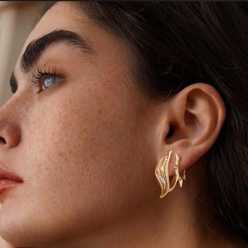 FETTERO Hoop Earrings for Women, 14K Gold Plated Lightweight Huggie Leaf Snake Bar Gold Hoops, Hypoallergenic Gold Earrings for Women Ear Piercing Jewelry