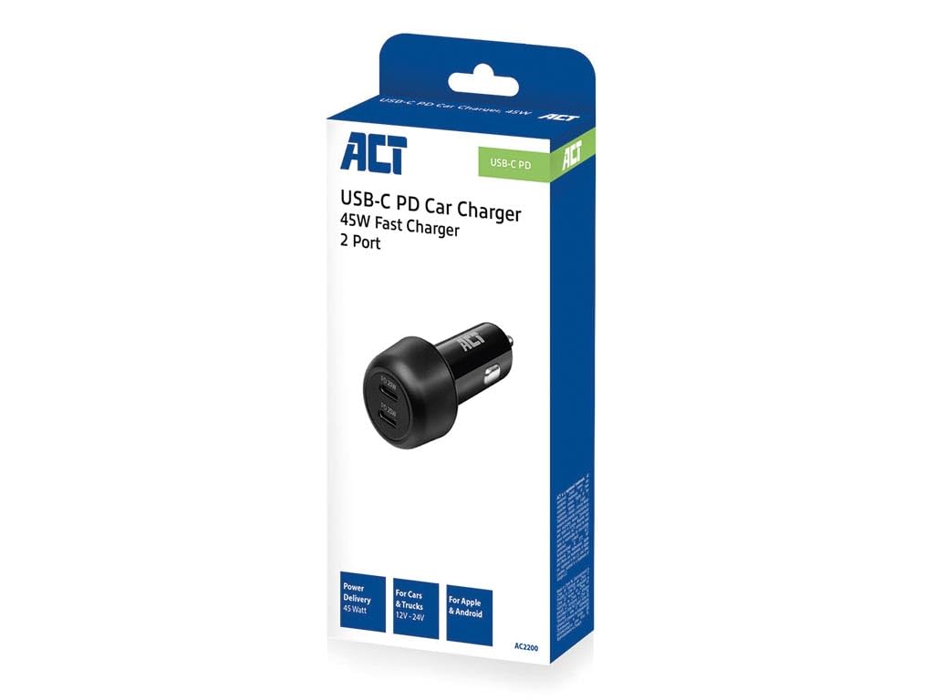 ACT Ładowarka samochodowa USB-C, 2 x USB-C, funkcja Power Delivery do samochodów osobowych i ciężarowych, szybkie ładowanie 2 urządzeń jednocześnie, odpowiednia dla smartfonów Apple i Android, 45 W, 3