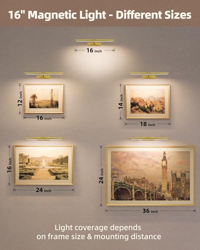 EZVALO Picture Light for Wall, 4800mAh Rechargeable Wireless Lights, 16'' Dimmable IR Remote Magnetic LED Art Painting Light with 3 Color Temps, Display for Gallery, Living Room, Bedroom(Gold)