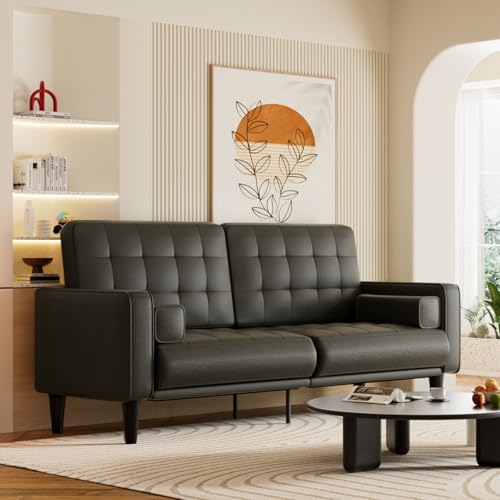 70” Mid-Century Modern Couch, Breathable Faux Leather Couch with Upholstered