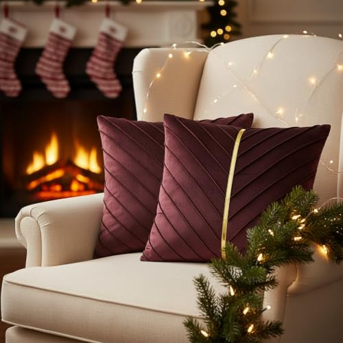 Image of Velvet Throw Pillow Covers 22x22 inch Pack of 2 Gold Decor Burgundy