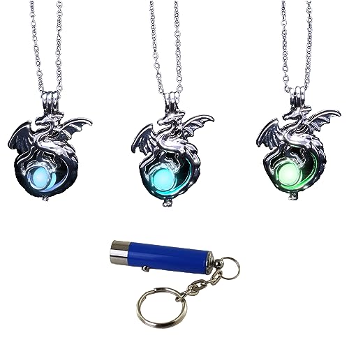 AlterImage Fiery Dragon Wings of Fire Necklace Glow In The Dark Set of 3 Luminous Jewelry Green Blue & Sky Blue Includes UV Light