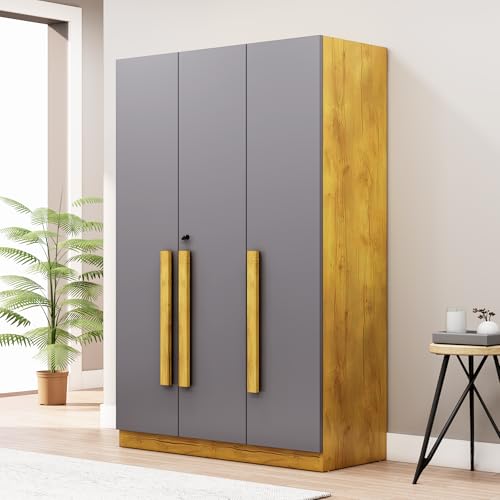 Image of Bniture 3 Door Wardrobe for Bedroom with Lockable Door & Hanging Space | Almirah for Clothes with Elevated Bottom Base | Wardrobe for Storage | 3 Years Warranty (Giant Wood & Slate Grey, HXWB111)