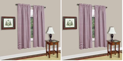 Image of Sweet Home Collection Kitchen Window Curtain Panel Treatment Decorative Buffalo Check Design 63 inch Long Burgundy (Pack of 2)
