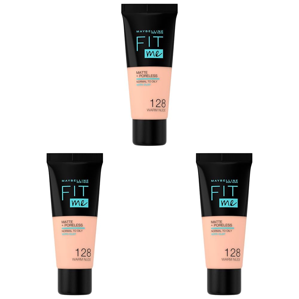 Maybelline Fit Me Matte & Poreless Foundation 128 Warm Nude 30ml (Pack of 3), 30 ml (Pack of 3)