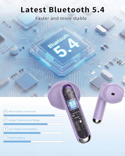 Image of Wireless Earbuds, 2026 Bluetooth 5.4 Headphones Bass Stereo Ear Buds with Noise Cancelling Mic, LED Display in Ear Earphones 50H Playtime Ear Buds, IP7 Waterproof for Laptop Pad Phones Pure Purple