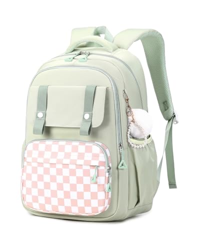Tanou Mochila Adolescente Chica, 24L Mochilas Escolares Transpirable para Niñas de 9 a 16 años, Bolsa para Colegio y Instituto Casual de Moda a Cuadros, Verde
