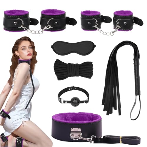 Image of BDSM Bondage Kit Sex Toys 8 Pcs Sex Bondage Set for Beginners Ball Gag Bondage Rope BDSM Kit for Couples (Purple, 8PCS)