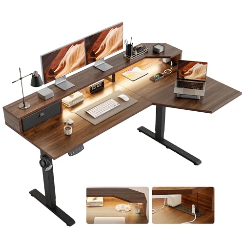 Image of Agilestic 63 Inch L Shaped Electric Standing Desk with Shelf, Height Adjustable Large Desk with Power Outlets & LED, Corner Sit Stand Up Table with Monitor Stand, Computer Workstation, Dark Walnut
