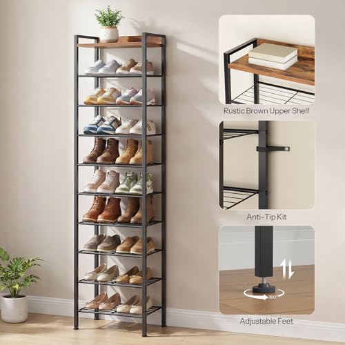 Image of HOOBRO 10 Tier Shoe Rack Organizer with Wooden Top, Narrow Shoe Storage Shelf for 10-18 Pairs, Tall Metal Shoe Rack for Closet Entryway, Hallway, Bedroom, Space Saving, Rustic Brown BF11XJ01