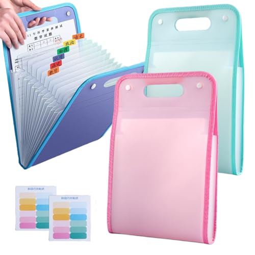 タテ型 ドキュメントホルダー a4 蛇腹 ファイル 2点セット スナップ式 ジャバラファイル 13ポケット 透明仕切り 大容量 多機能 プラスチック防水 半透明 ドキュメントポーチ 区分けラベル付き 分類収納 書類整理 文房具 学校 事務用品 (ピンク+グ
