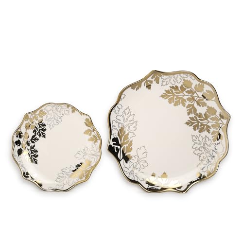 Image of Timeless Elegance Dinner Set, White & Gold, 18 Piece | Gold Plated, Porcelain Crockery with Scalloped Rim, For 6 People, 6 Dinner Plates, 6 Quarter Plates & 6 Veg Bowls, DSS01