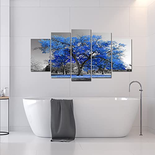 5 Pieces Modern Large Canvas Wall Art Blue Tree Picture Prints Falling Leaves Black And White Artwork Nature Landscape Art Wall Decor For Living Room Bedroom Office Framed And Stretched #TOP4