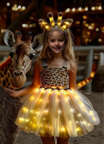 SHINYOU Girls LED Light Up Giraffe Tutu Costumes with Glow Ear Headband And Tail for Halloween Animal Party Birthday Gift (7-8T)