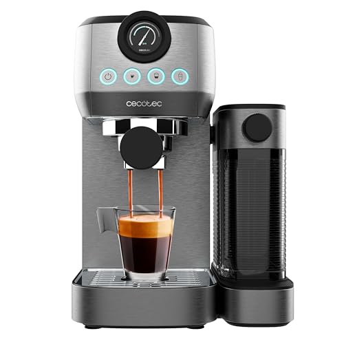 Cecotec Cafetera Semiautomática Power Espresso 20 Steel Pro Latte. 1350 W, Thermoblock, ForceAroma de 20bars, depósito Full-Milk, Instant Capuccino, Bandeja Calienta Tazas, Brazo Doble