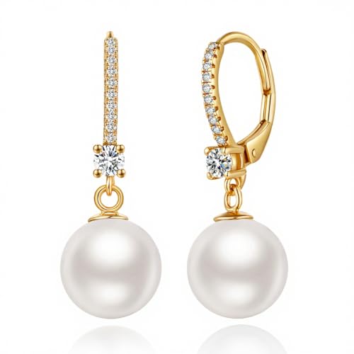 Orecchini Perle Argento Sterling 925 Orecchini Pendenti Leverback Perle per Donna Perla Zirconi Gioielli Regali Perla Bianco 10 mm Placcati oro