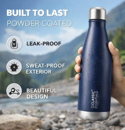Image of CLASSIC ESSENTIALS Insulated Double Wall Vacuum Stainless Steel Water Bottle 24 Hours Hot and Cold BIS Approved,100% Leakproof Lid,Sweat Proof Water Bottles, Great for Travel Picnic Navy Blue-1000ml