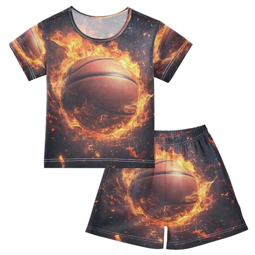 ALAZA Funny Ball Basketball Fire Black Pajamas Set Short Sleeve Cotton Sleepwear Summer Pjs 2 Piece 5-14Y