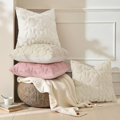 decorUhome Easter Bunny Pillow Covers 12x20 Inch Set of 2, Soft Plush Faux Wool Jacquard Cream White Rabbit Cushion Covers, Farmhouse Neutral Spring Easter Holiday Decor for Couch Sofa Bed — view 2